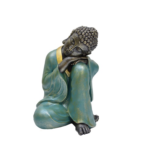 BUDA DORMINDO VERDE COM DOURADO 20CM-DECORAÇÃO